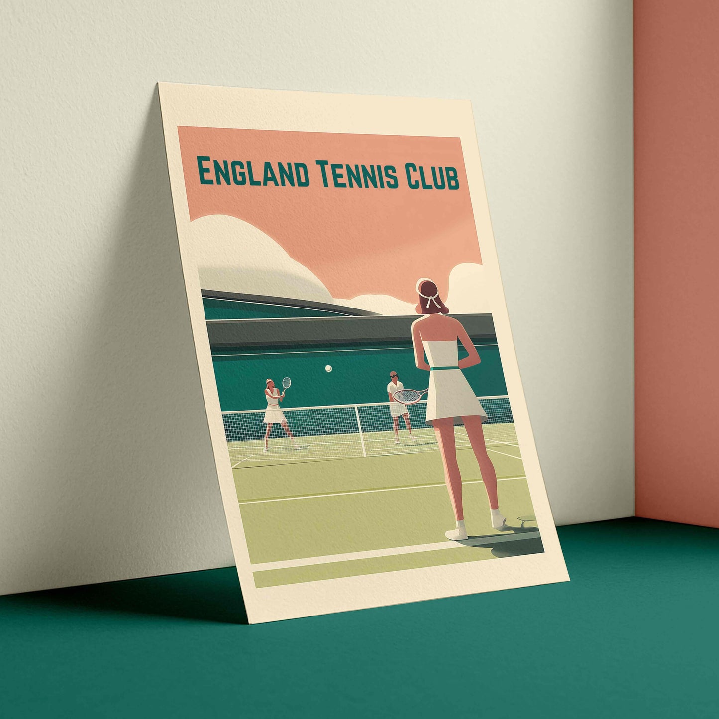 England Tennis Club vintage Art Deco poster featuring three female tennis players on a teal grass court, with a salmon pink sky, bold serif typography, and a flat graphic style inspired by 1930s London Transport travel posters.