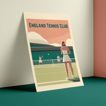 England Tennis Club vintage Art Deco poster featuring three female tennis players on a teal grass court, with a salmon pink sky, bold serif typography, and a flat graphic style inspired by 1930s London Transport travel posters.