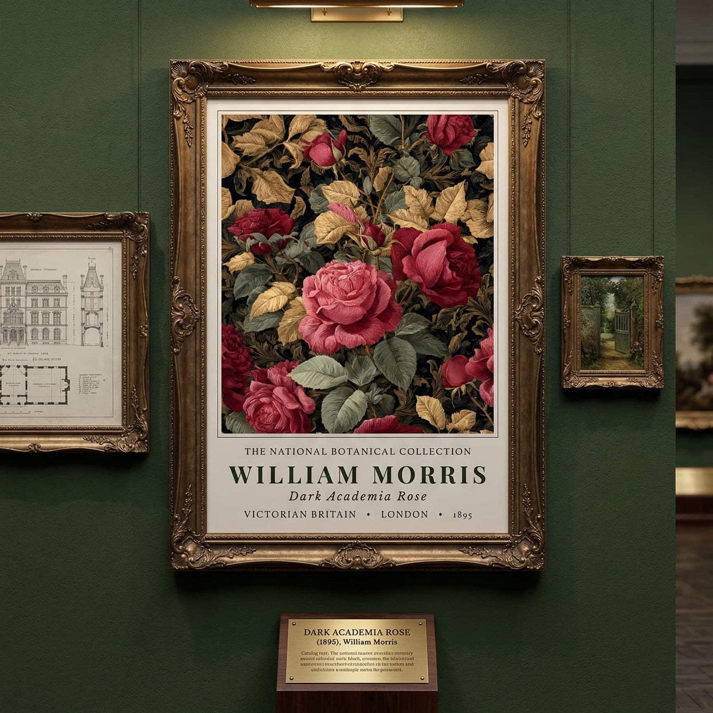 William Morris, Victorian Britain, London, Botanical Collection decorative floral print in a gold frame on a green wall with other framed artworks.
