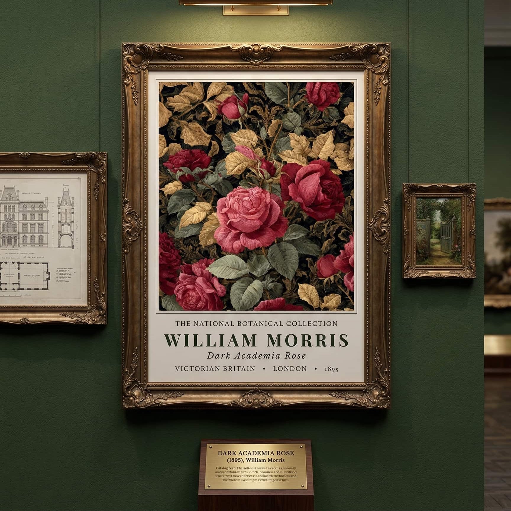 William Morris, Victorian Britain, London, Botanical Collection decorative floral print in a gold frame on a green wall with other framed artworks.