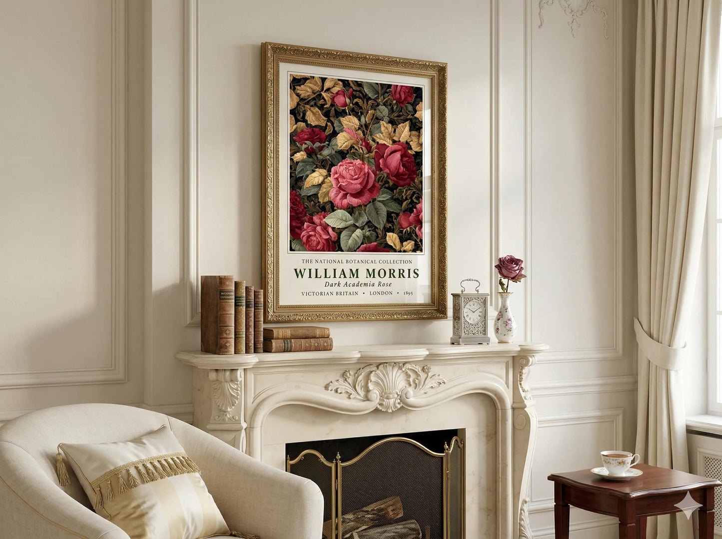 William Morris, Victorian Britain, London, Botanical Collection decorative floral print on a wall above a fireplace in a living room.