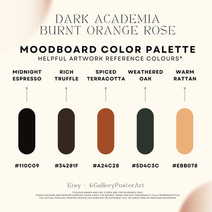 Moodboard color palette for 'Dark Academia Burnt Orange Rose' with color swatches and hex codes.