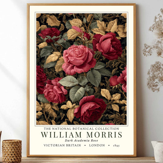 William Morris, Victorian Britain, London, Botanical Collection framed botanical poster with red and pink roses on a wall with decorative items.