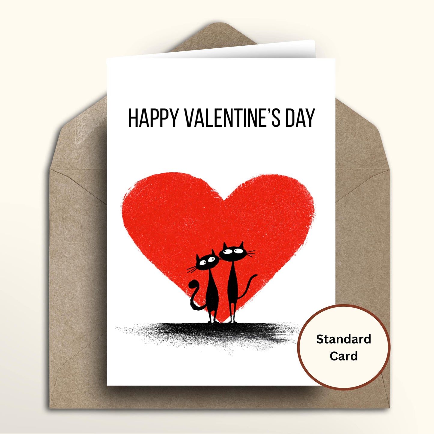 Valentine's Day card with two cats under a red heart and 'Happy Valentine's Day' text, on a beige envelope.