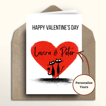 Valentine's Day card with a red heart and two cats, featuring 'Happy Valentine's Day Laura & Peter' text.