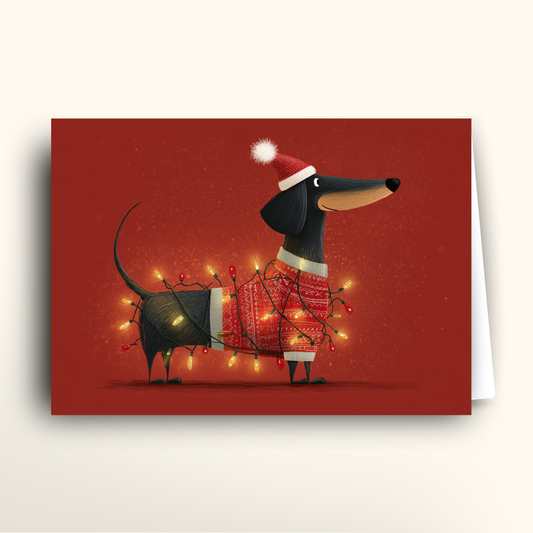 Illustration of a dachshund dog in Santa hats with Christmas lights on a red background