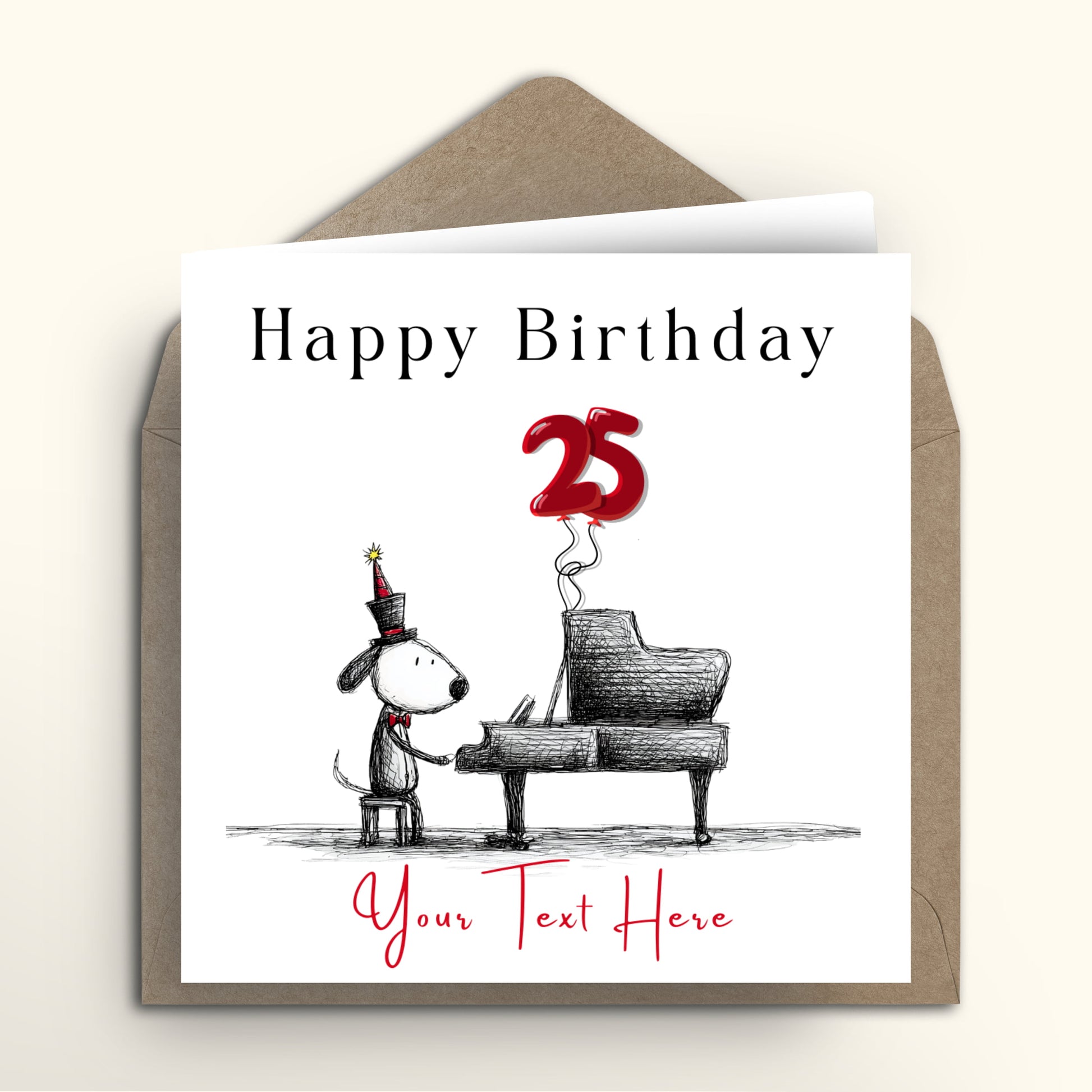 Birthday card with a dog playing piano and red balloon, text 'Happy Birthday 25 Your Text Here', with a brown envelope.