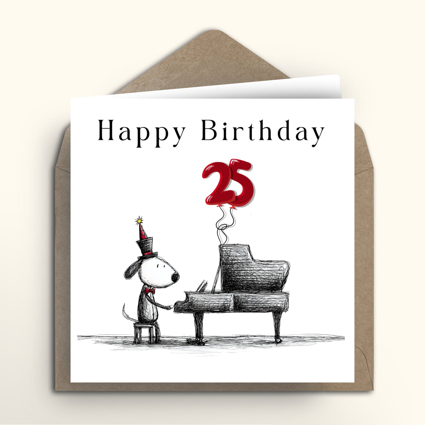 Birthday card with a dog playing piano and a red balloon, featuring the number 25.