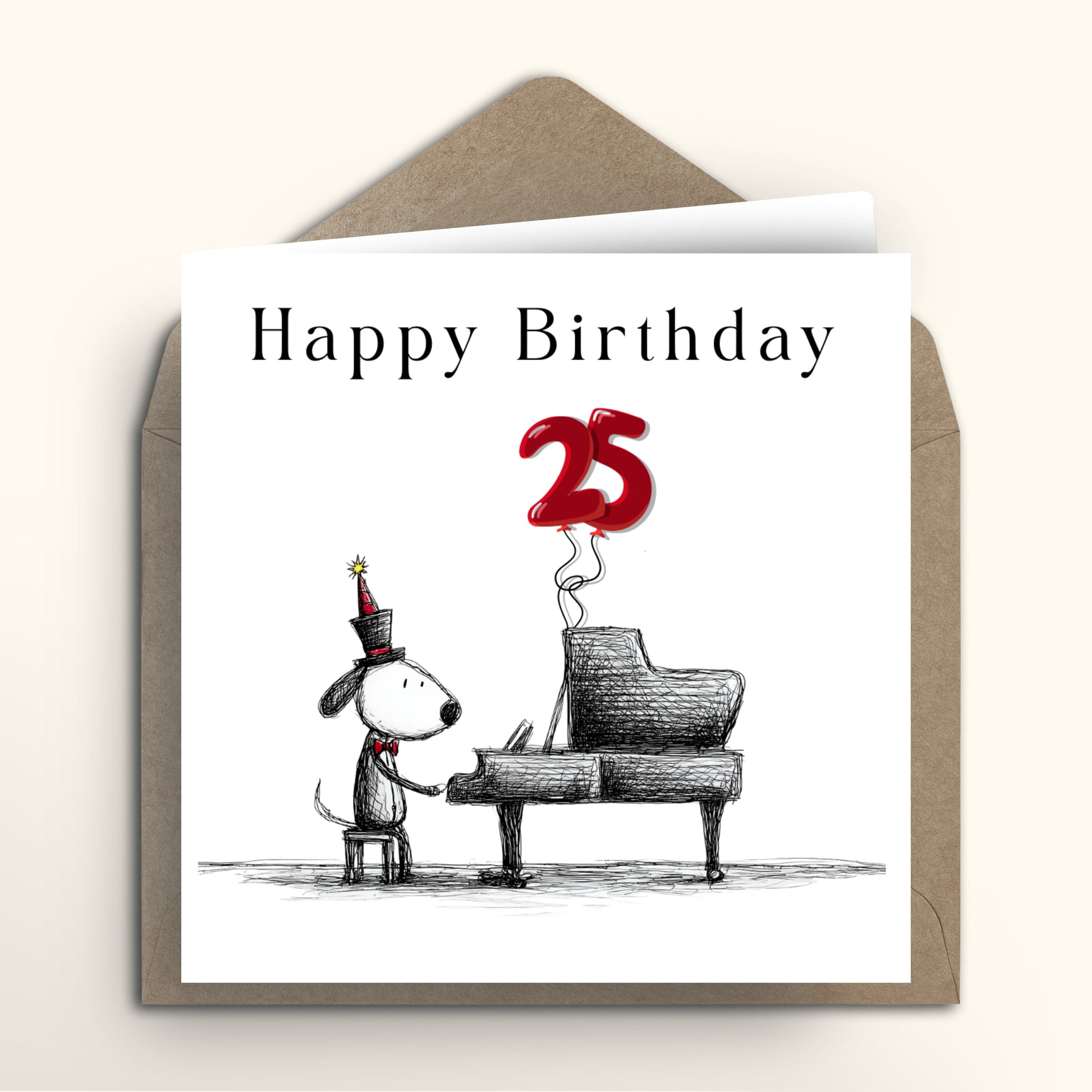 Birthday card with a dog playing piano and a red balloon, featuring the number 25.