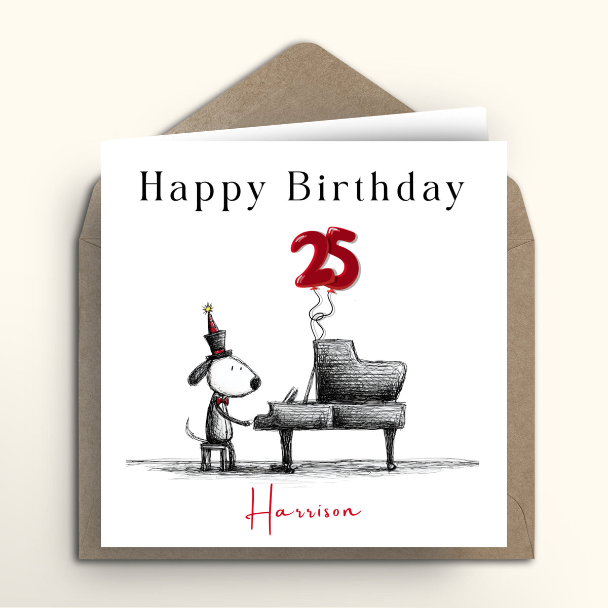 Birthday card with a dog playing piano and red balloon, featuring the name 'Harrison'.