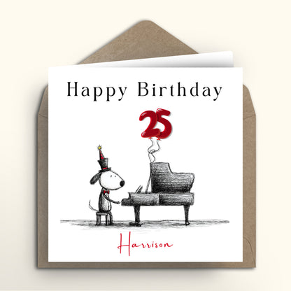 Birthday card with a dog playing piano and red balloon, featuring the name 'Harrison'.