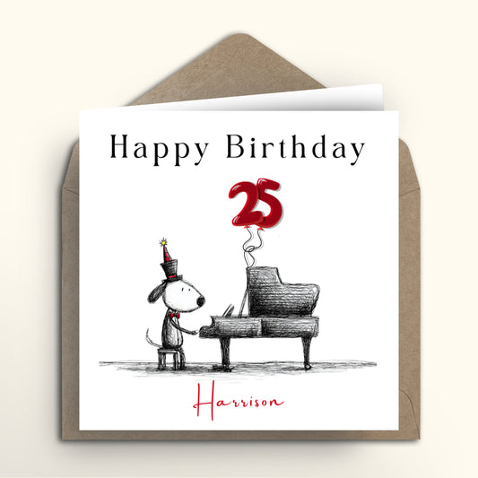 Birthday card with a dog playing piano and red balloon, featuring the name 'Harrison'.