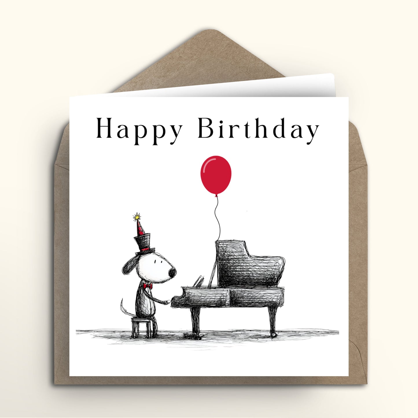 Birthday card with a dog playing piano and a red balloon, featuring a brown envelope.