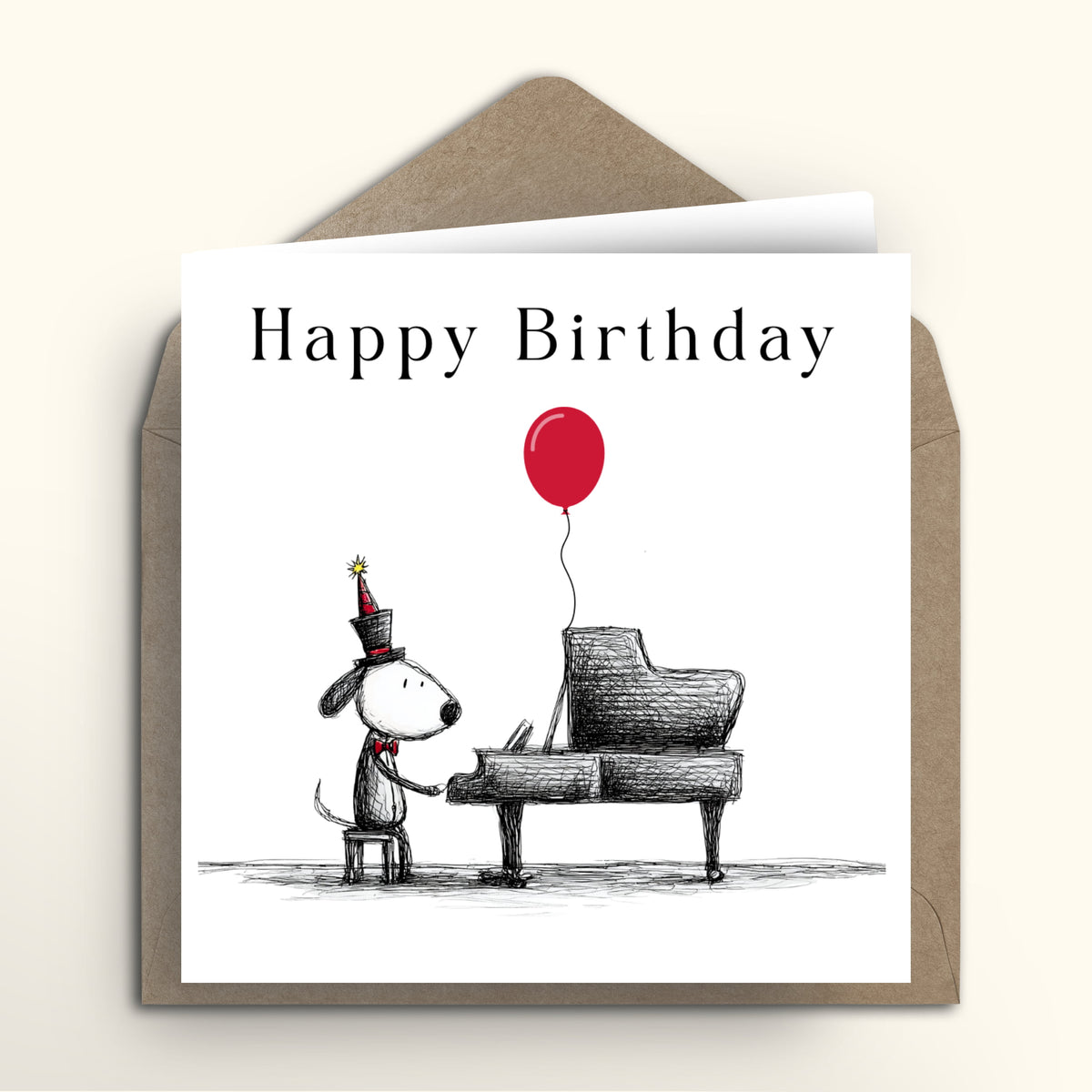 Birthday card with a dog playing piano and a red balloon, featuring a brown envelope.