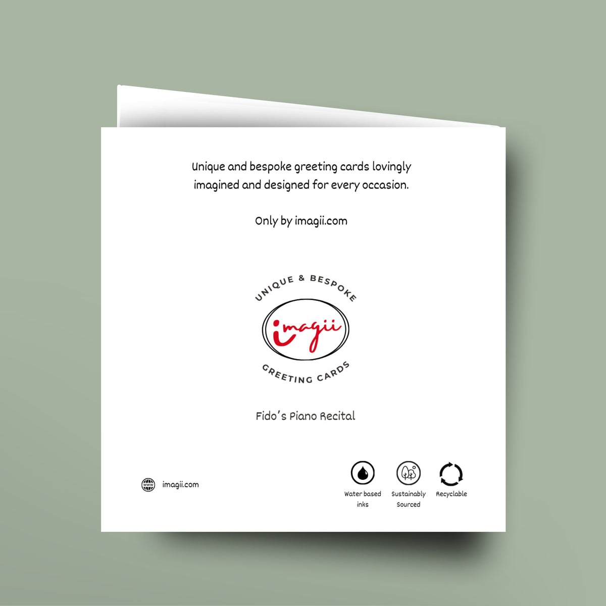 Greeting card with imagii branding and sustainability information on a light green background