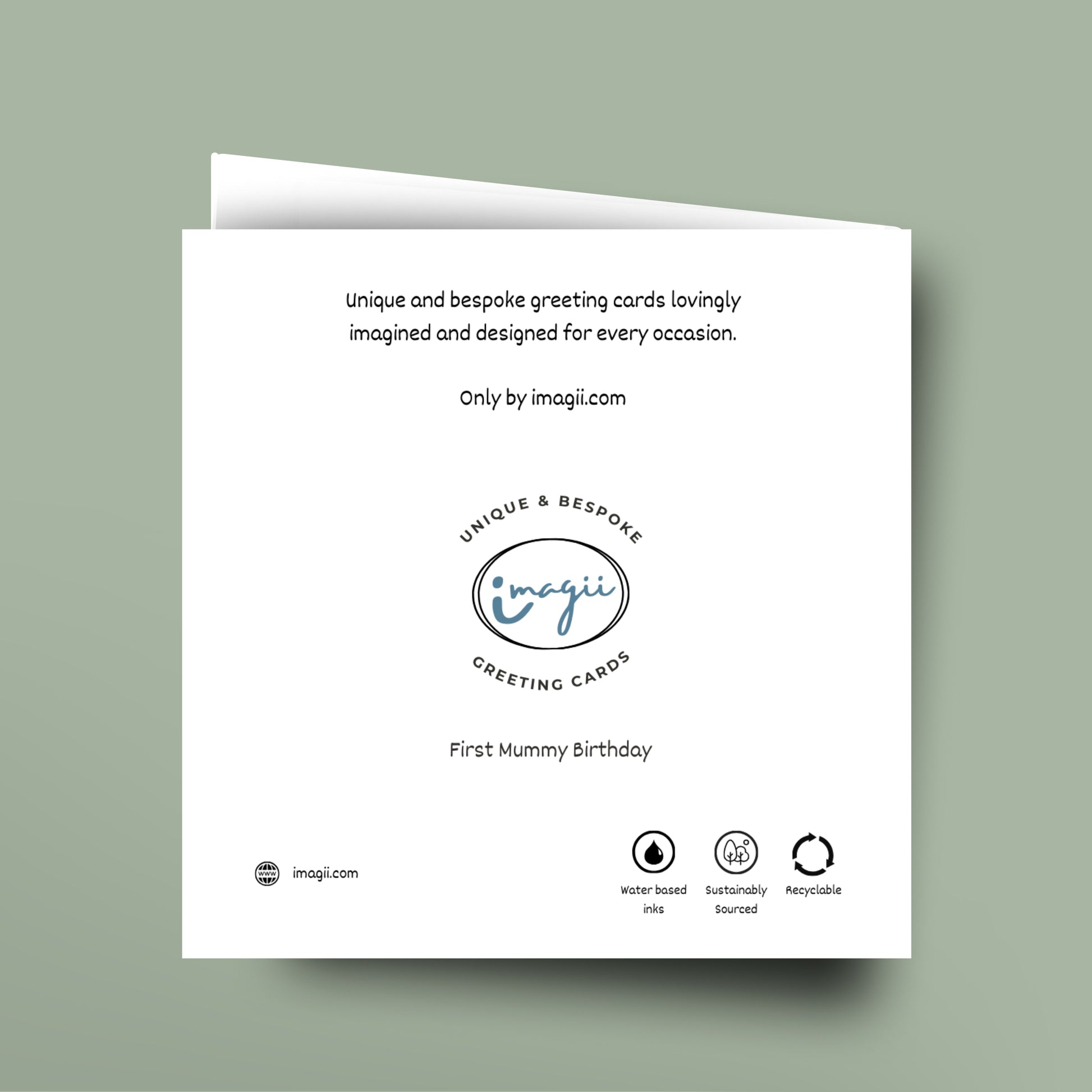 Greeting card with 'imagii' branding and sustainability information on a light green background