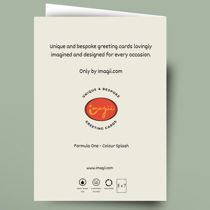 Formula 1 racing inspired milestone birthday card. Features vibrant orange stripes fading to black, personalised with a custom age and name on an off-white background.