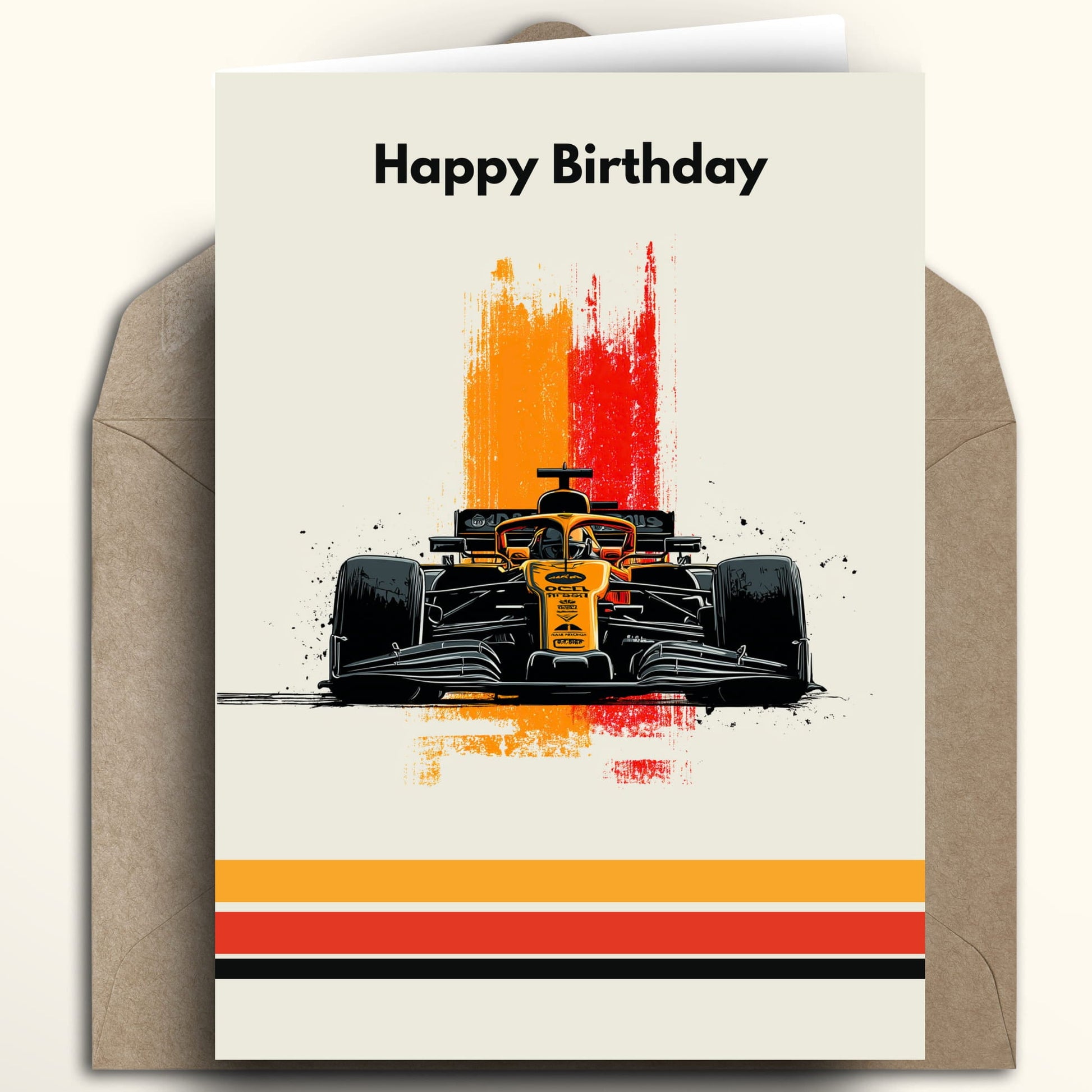 Formula 1 racing inspired milestone birthday card. Features vibrant orange stripes fading to black, personalised with a custom age and name on an off-white background.