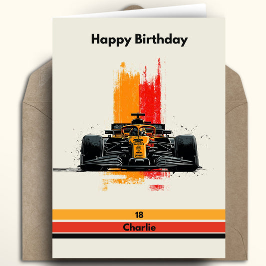 Formula 1 racing inspired milestone birthday card. Features vibrant orange stripes fading to black, personalised with a custom age and name on an off-white background.