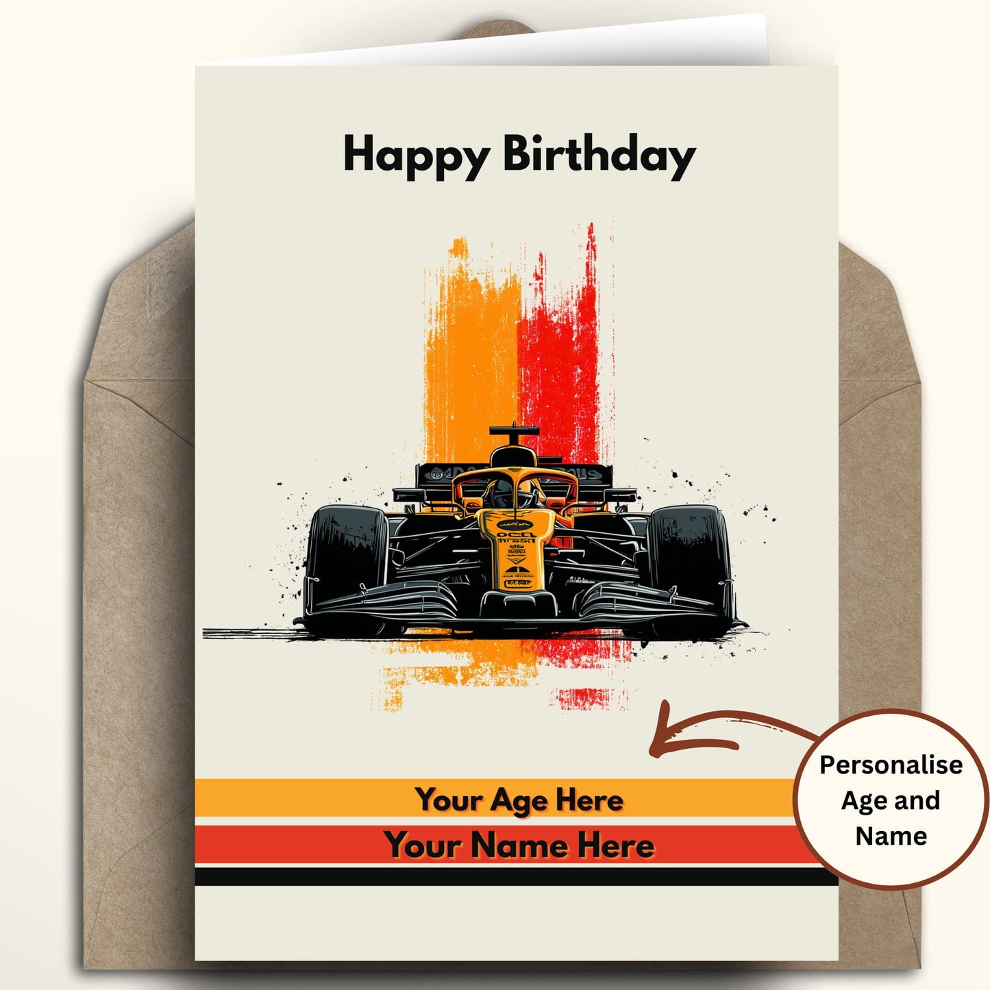 Formula 1 racing inspired milestone birthday card. Features vibrant orange stripes fading to black, personalised with a custom age and name on an off-white background.
