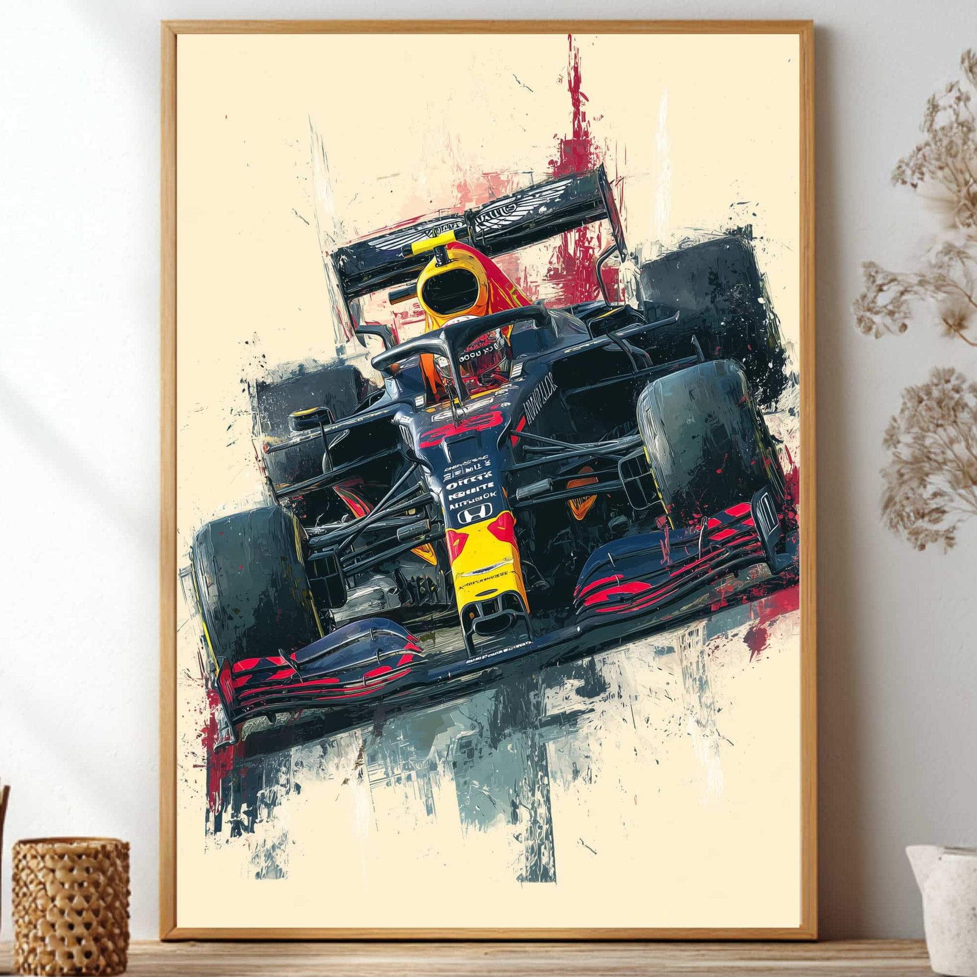 Max Verstappen driving Red Bull Honda F1 car at Monza Italian Grand Prix bold silkscreen poster wall art