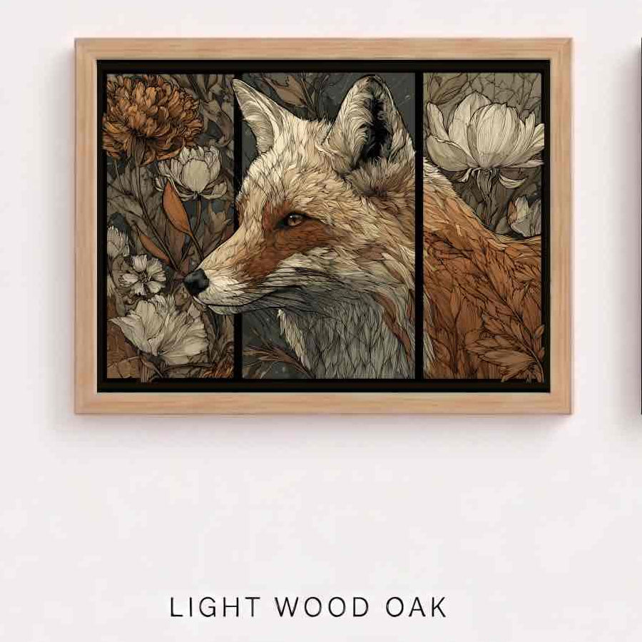 A framed fox illustration as a tapestry in three sections inspired by William Morris, labeled Light Wood Oak
