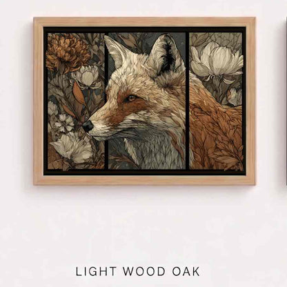A framed fox illustration as a tapestry in three sections inspired by William Morris, labeled Light Wood Oak