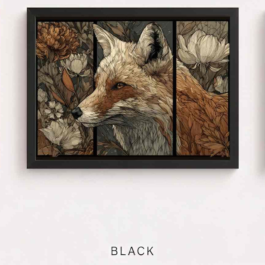 A framed fox illustration as a tapestry in three sections inspired by William Morris, labeled Black