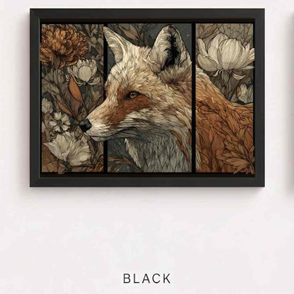 A framed fox illustration as a tapestry in three sections inspired by William Morris, labeled Black