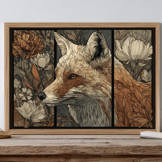 A framed triptych wall art print featuring a detailed fox portrait with floral backgrounds, displayed on a rustic wooden table against a light gray wall. Inspired by William Morris.