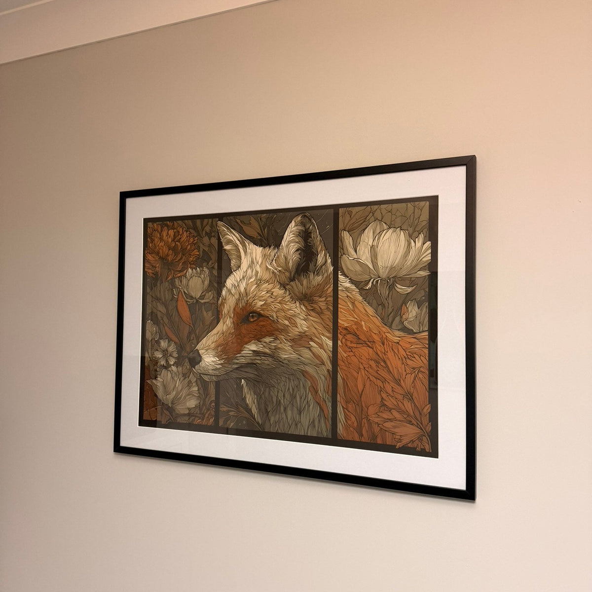 A framed art print depicting a detailed fox with floral elements, hung on a beige wall. Inspired by William Morris - customer photo.