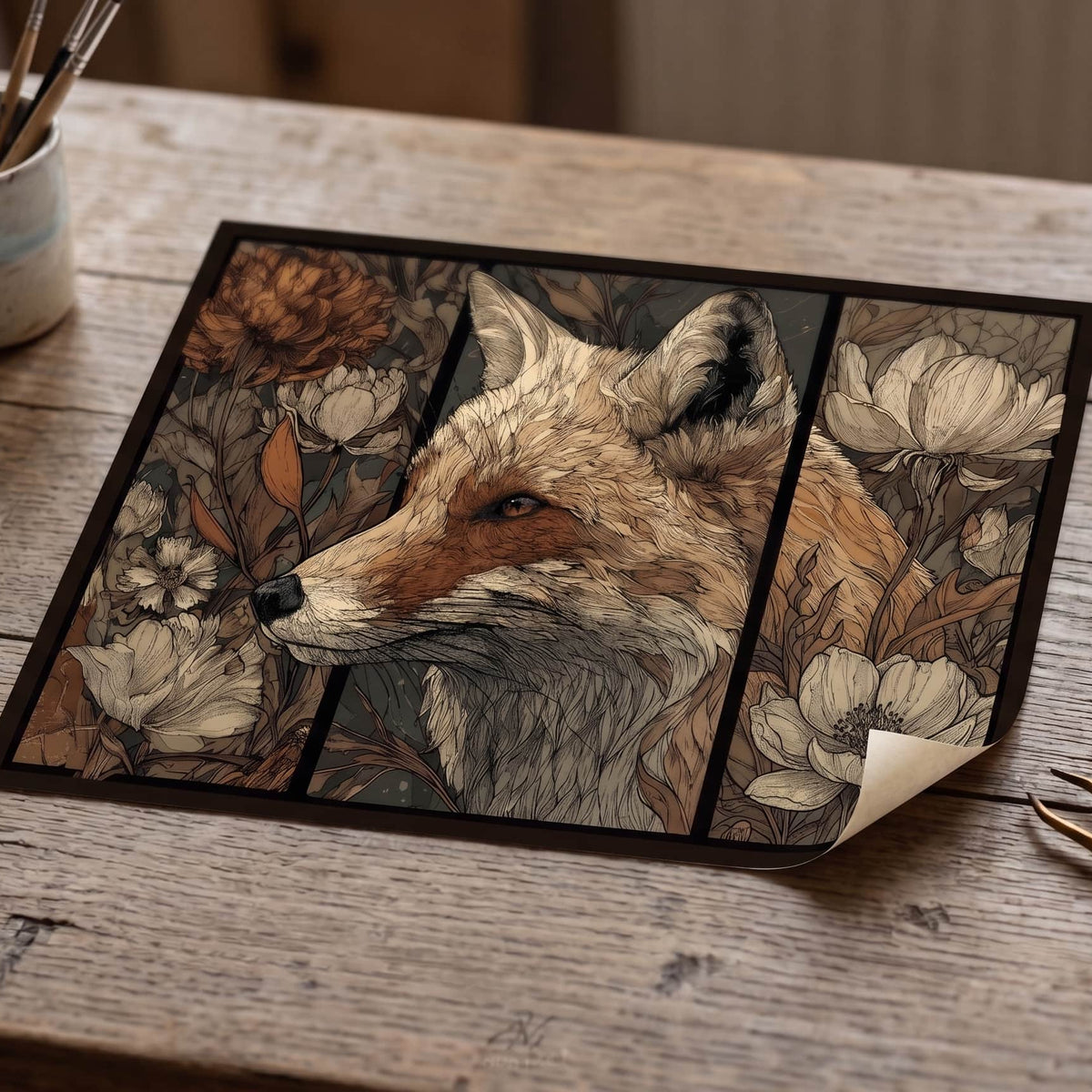A three-panel art print featuring a detailed illustration of a fox surrounded by white flowers, styled on a rustic wooden table with art supplies.