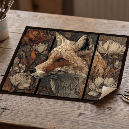 A three-panel art print featuring a detailed illustration of a fox surrounded by white flowers, styled on a rustic wooden table with art supplies.