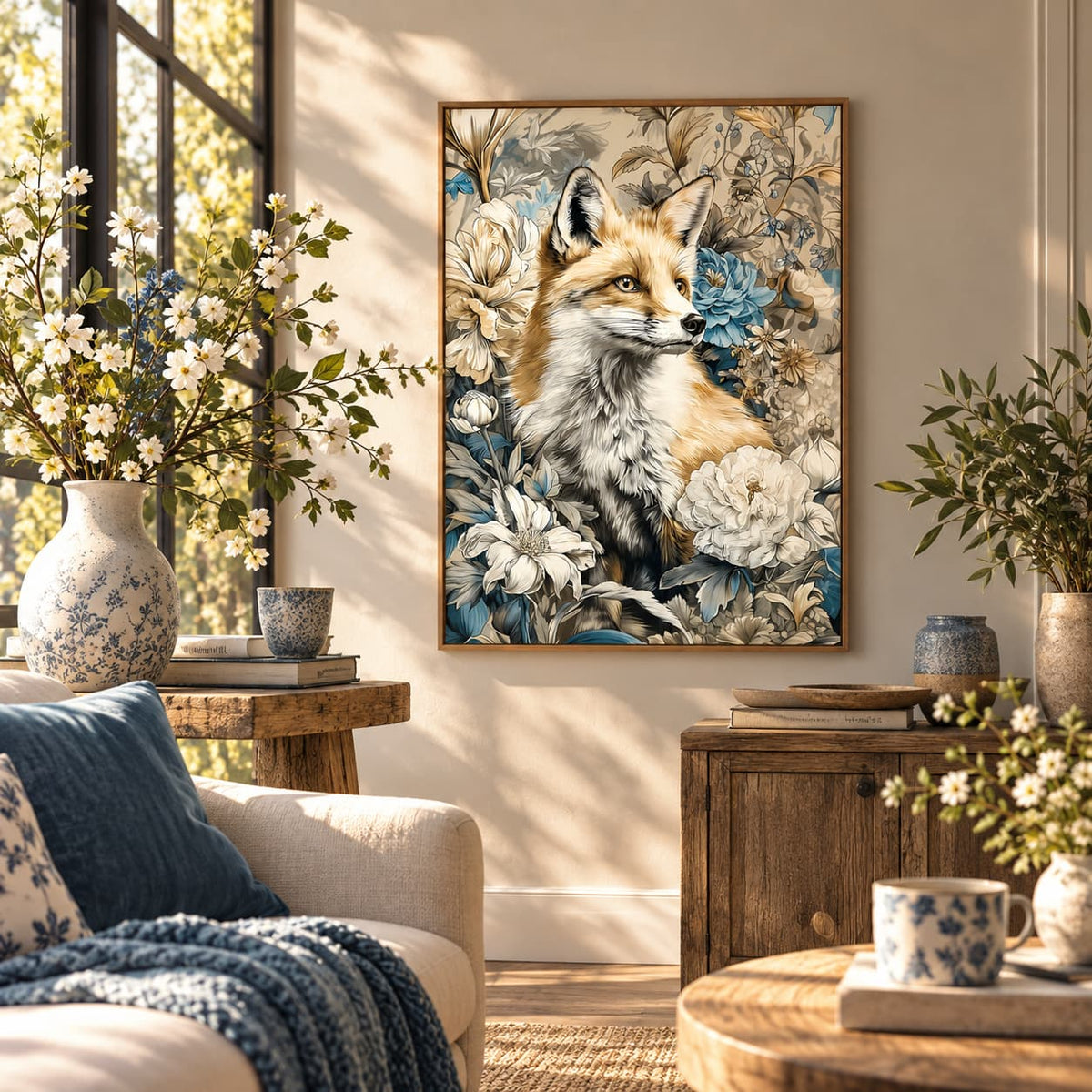 A framed vertical canvas art print of a fox surrounded by flowers, hanging on a beige wall in a beautifully styled living room with a sofa, wooden tables, and potted plants.
