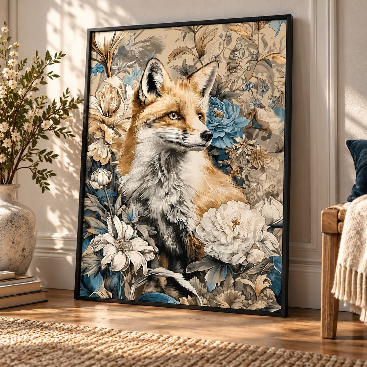 A framed vertical art print featuring a detailed fox surrounded by large white and blue flowers, leaning against a wall in a styled room with a vase, books, and a wooden chair.