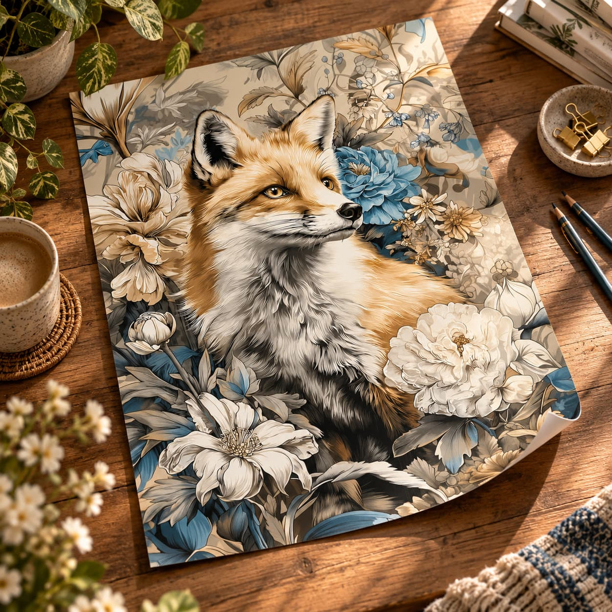 A square art print featuring an illustrated fox surrounded by large white and blue flowers, styled on a wooden desk with plants, a cup of coffee, pencils, and stationery.