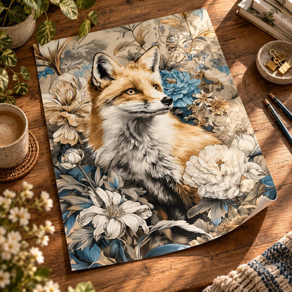 A square art print featuring an illustrated fox surrounded by large white and blue flowers, styled on a wooden desk with plants, a cup of coffee, pencils, and stationery.