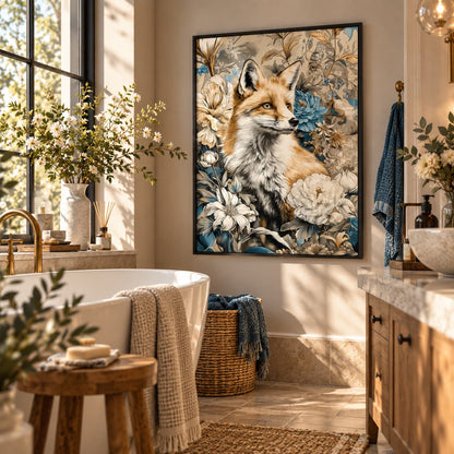 A framed vertical canvas print of a fox surrounded by white flowers and blue foliage, hanging on a beige wall in a modern, sunlit bathroom with a bathtub, vanity, and towels.