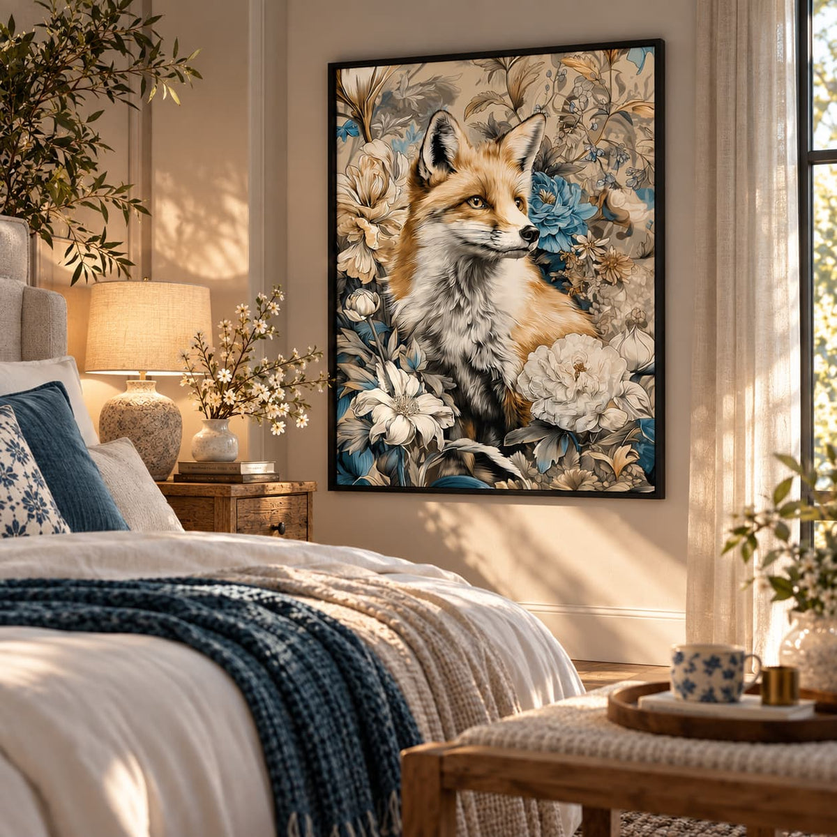 A framed wall art print featuring a fox surrounded by cream and blue flowers, displayed in a styled bedroom above a bed with neutral bedding and warm sunlight.