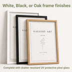 Three framed artworks with white, black, and oak frames on a white background.