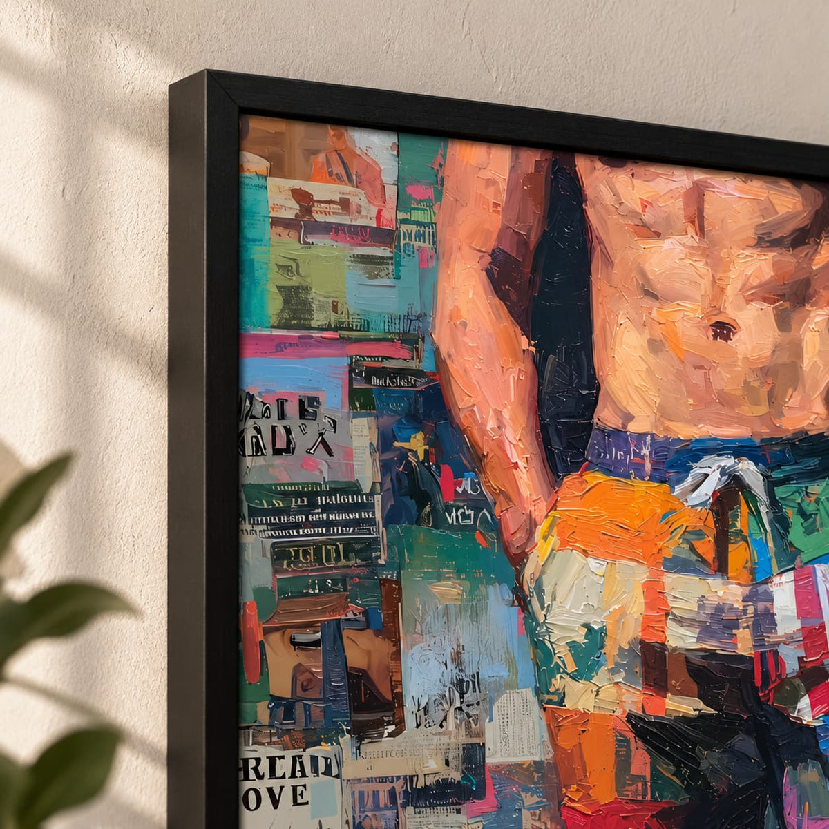 Close-up of the black frame corner on the Front Page print, showing textured brushstrokes of a man's torso and orange patchwork shorts against magazine collage scraps.