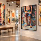 Front Page framed print of a muscular man in patchwork shorts and trainers hanging on a white wall in a modern art gallery, beside a bench and other artworks.