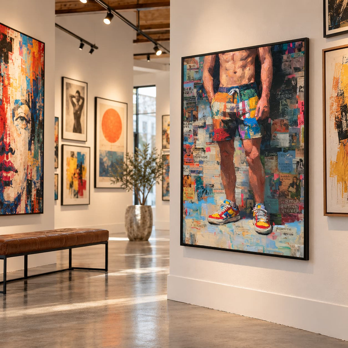 Front Page framed print of a muscular man in patchwork shorts and trainers hanging on a white wall in a modern art gallery, beside a bench and other artworks.