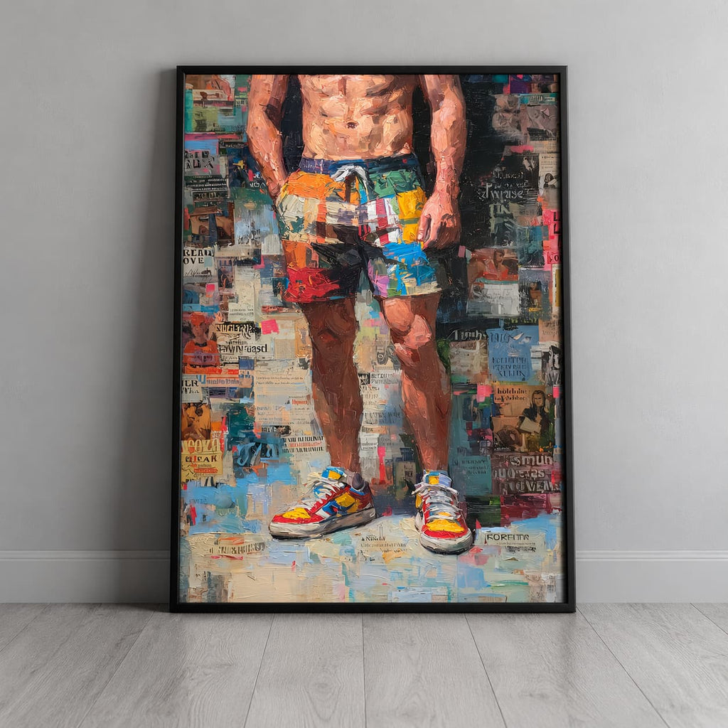 A framed vertical art print leaning against a light gray wall on a pale wood floor. The artwork depicts a cropped male torso and legs wearing colorful shorts and multicolored sneakers, with a collage-like background.