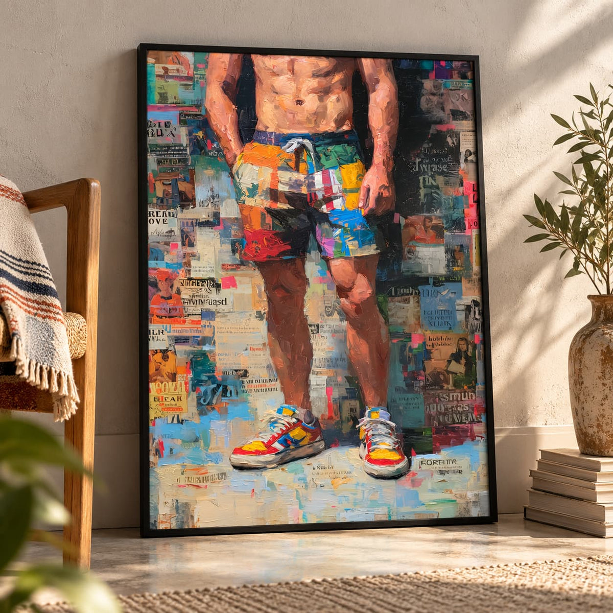 Front Page framed art print leaning against a sunlit wall beside a wooden chair, a vase and books, showing a shirtless man in colourful shorts and trainers on a collage background.