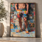 A framed vertical art print depicting a muscular man's lower torso and legs in colorful shorts and sneakers, leaning against a textured concrete wall next to a potted plant.
