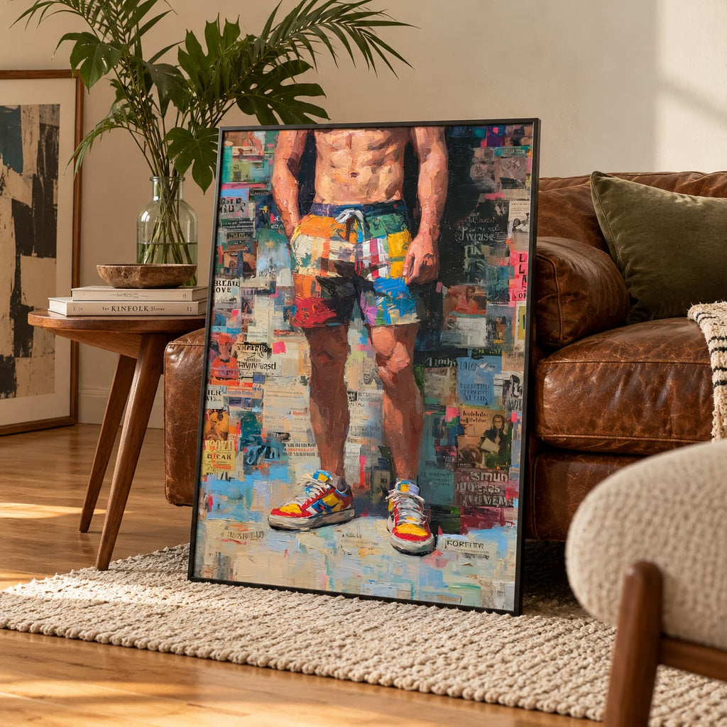 Front Page framed print standing on a woven rug next to a brown leather sofa in a warm living room, showing a man in patchwork shorts and trainers on a collage background.