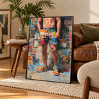 Front Page framed print standing on a woven rug next to a brown leather sofa in a warm living room, showing a man in patchwork shorts and trainers on a collage background.