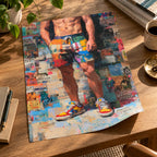 Unframed Front Page poster with a gently curled edge lying on a wooden desk beside a plant, books and a coffee cup, showing a man in patchwork shorts and trainers.