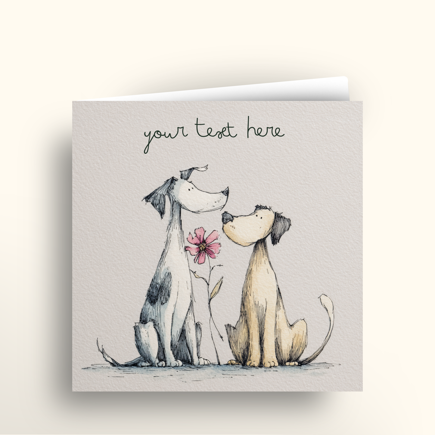 Greeting card with two dogs holding a flower, text 'your text here' on a light gray background
